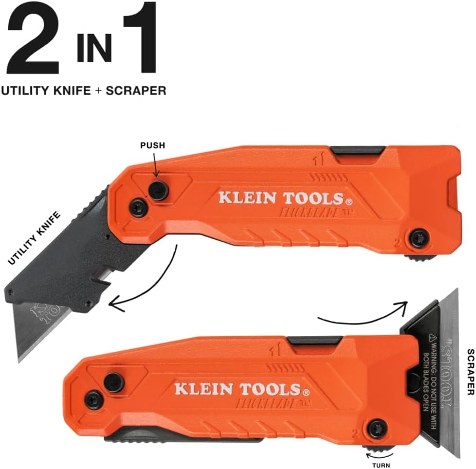 Klein Tools 44306 FLICKBLADE 2-in-1 Folding Utility Knife and Scraper with Built-In Blade Storage, Dual Locking Positions, Includes 3 Triple-Ground Carbon Steel Blades