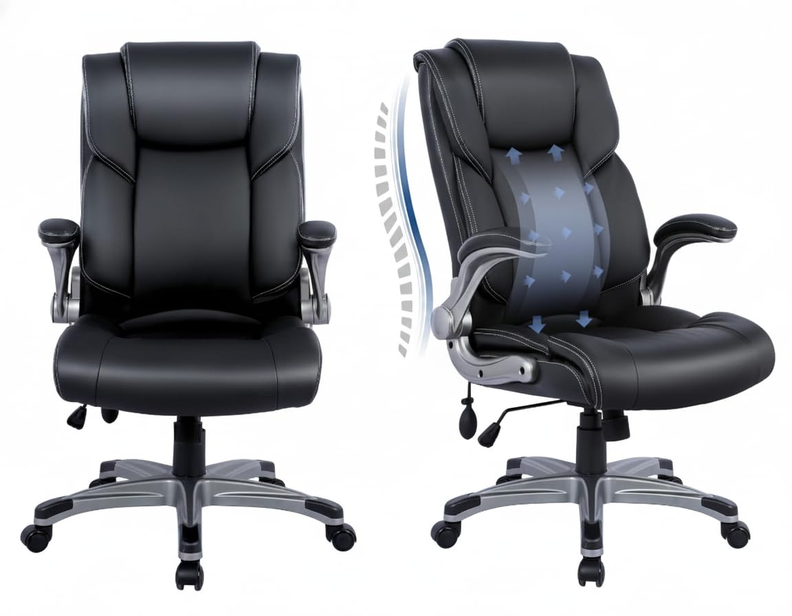 COLAMY High Back Executive Office Chair - Padded Leather Ergonomic Computer Desk Chair with Inflatable Lumbar Support & Flip-Up Arms, Adjustable Tilt Lock Swivel Task Chair for Home Office, Black