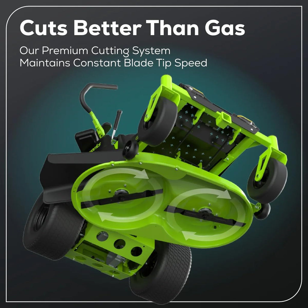 Greenworks 60V 30' Riding Lawn Mower (1.25 Acre, 16 HP Gas Equivalent, 6 MPH, Tow Up to 200 lbs.), (4) 8.0Ah Batteries (1,920 Wh Max) + Turbo Wall Charger