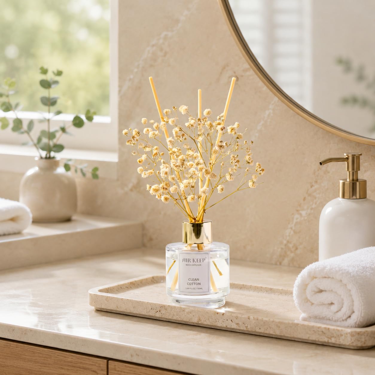 Airkeep Reed Diffuser Set of 3,Clean Linen Ocean Mist&Sea Salt Lavender Eucalyptus Oil Reed Diffusers for Bedroom Living Room Office Aromatherapy Oil Reed Diffuser for Gift 50ml x 3