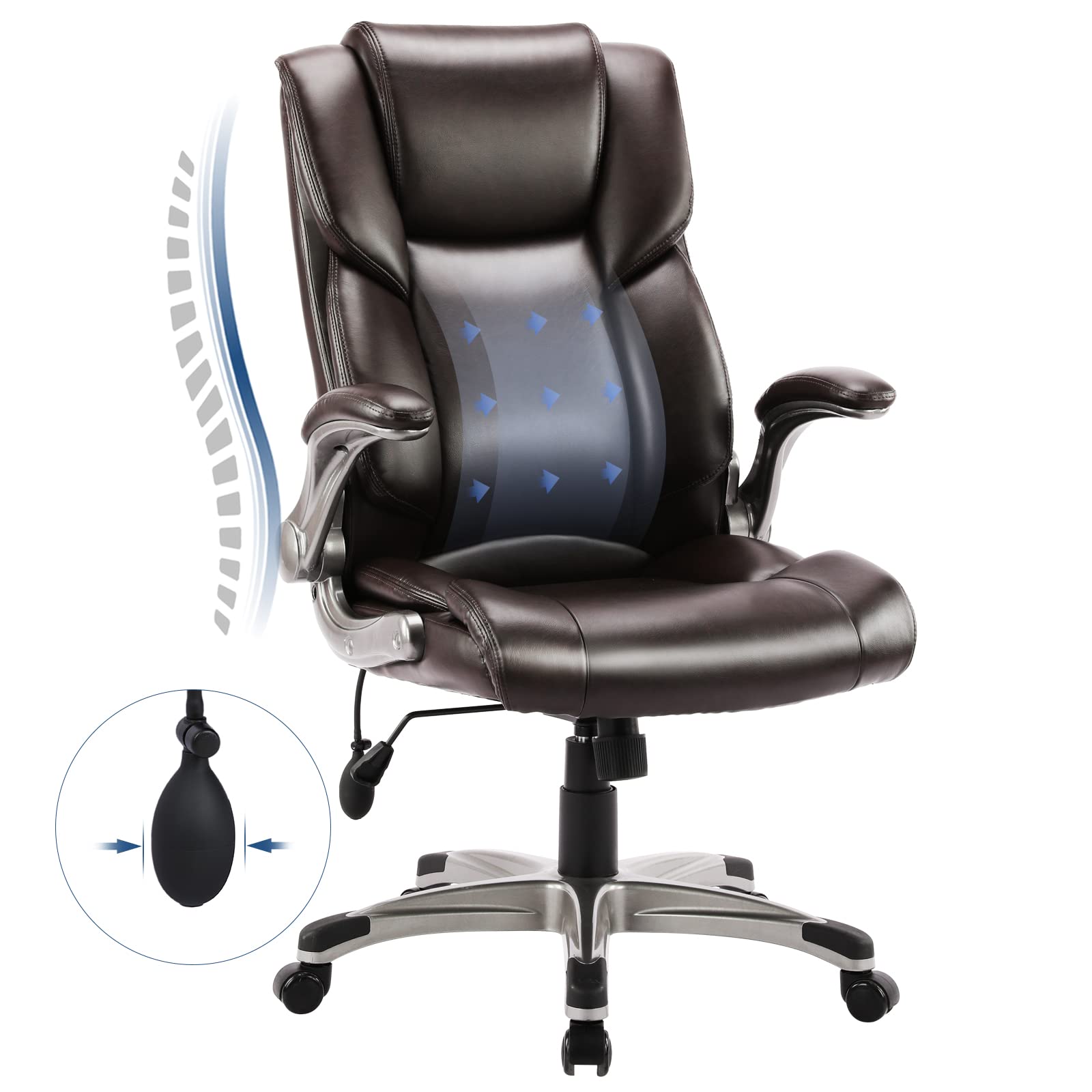 COLAMY High Back Executive Office Chair - Padded Leather Ergonomic Computer Desk Chair with Inflatable Lumbar Support & Flip-Up Arms, Adjustable Tilt Lock Swivel Task Chair for Home Office, Black