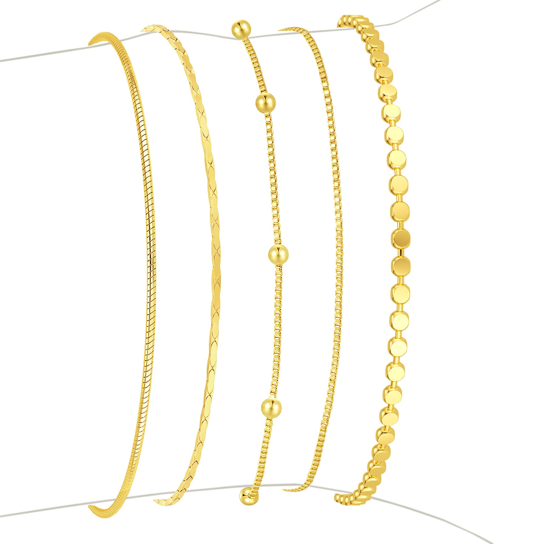 Gold Bracelets for Women, 14K Gold Plated Stackable Bracelet Stack Set Adjustable Charm Paperclip Chain Snake Link Layered Waterproof Jewelry Sets Gifts