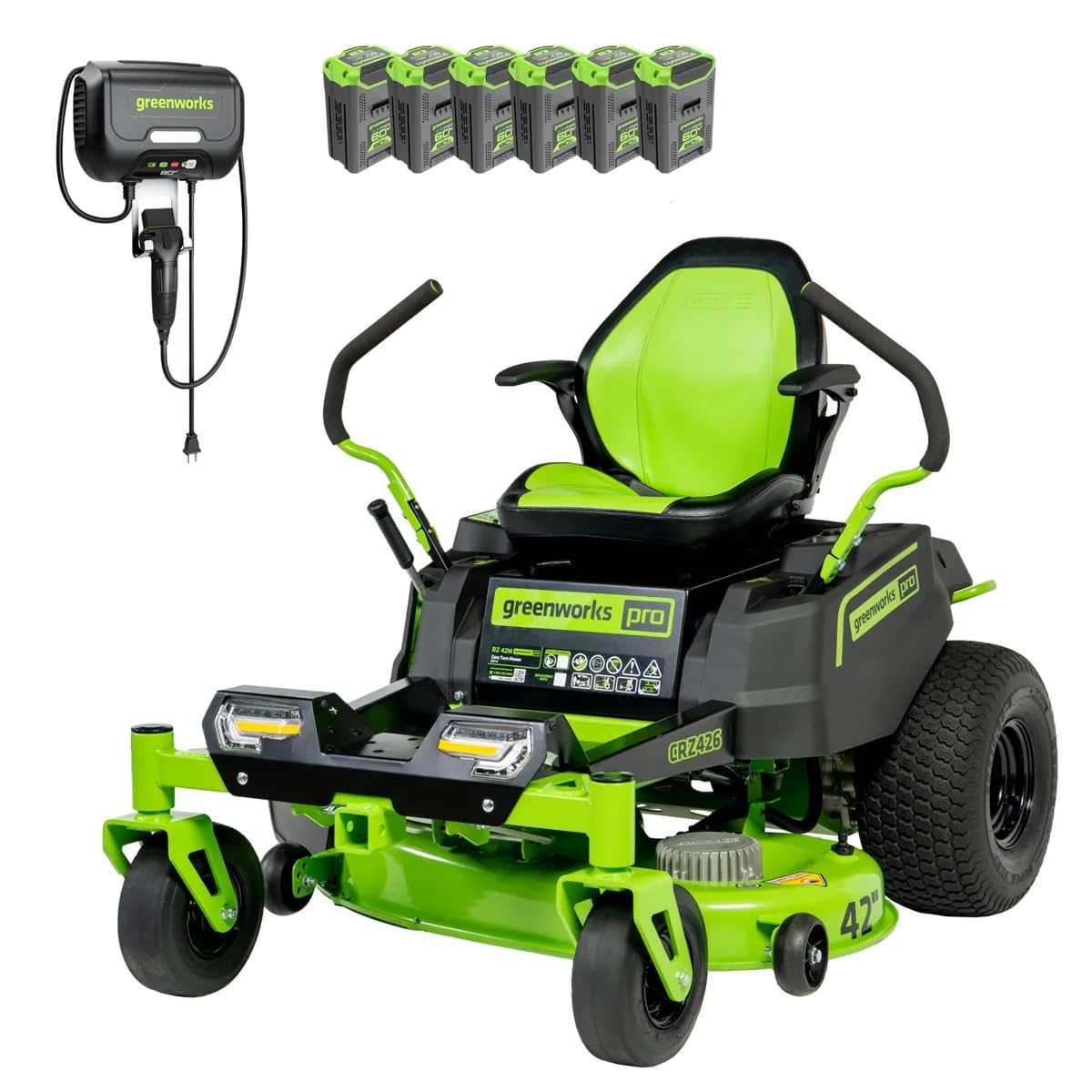 Greenworks 60V 30' Riding Lawn Mower (1.25 Acre, 16 HP Gas Equivalent, 6 MPH, Tow Up to 200 lbs.), (4) 8.0Ah Batteries (1,920 Wh Max) + Turbo Wall Charger