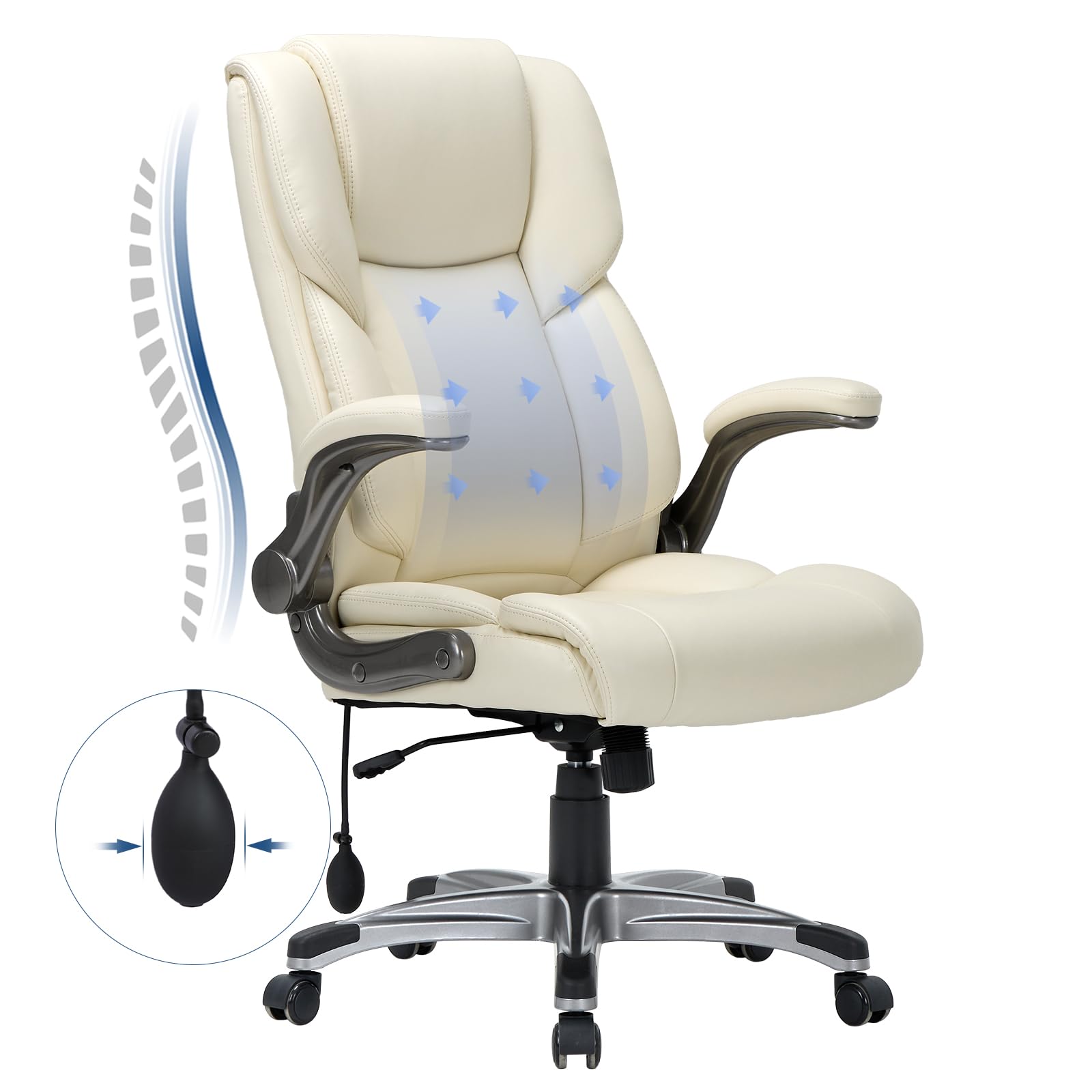 COLAMY High Back Executive Office Chair - Padded Leather Ergonomic Computer Desk Chair with Inflatable Lumbar Support & Flip-Up Arms, Adjustable Tilt Lock Swivel Task Chair for Home Office, Black