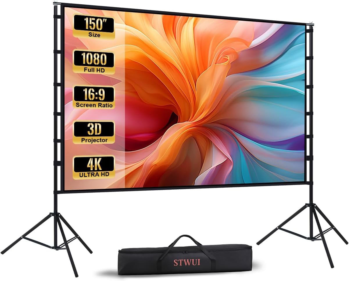STWUI Outdoor-Projector-Screen-with-Stand - 120 inch Portable Projector Screen Indoor Outdoor Projector Screens 16:9 4K HD Lightweight Movie Screen with Carry Bag for Backyard Movie Night