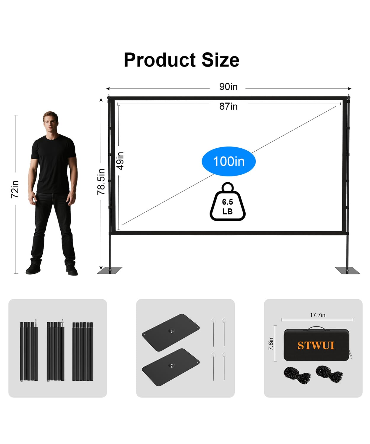 STWUI Outdoor-Projector-Screen-with-Stand - 120 inch Portable Projector Screen Indoor Outdoor Projector Screens 16:9 4K HD Lightweight Movie Screen with Carry Bag for Backyard Movie Night