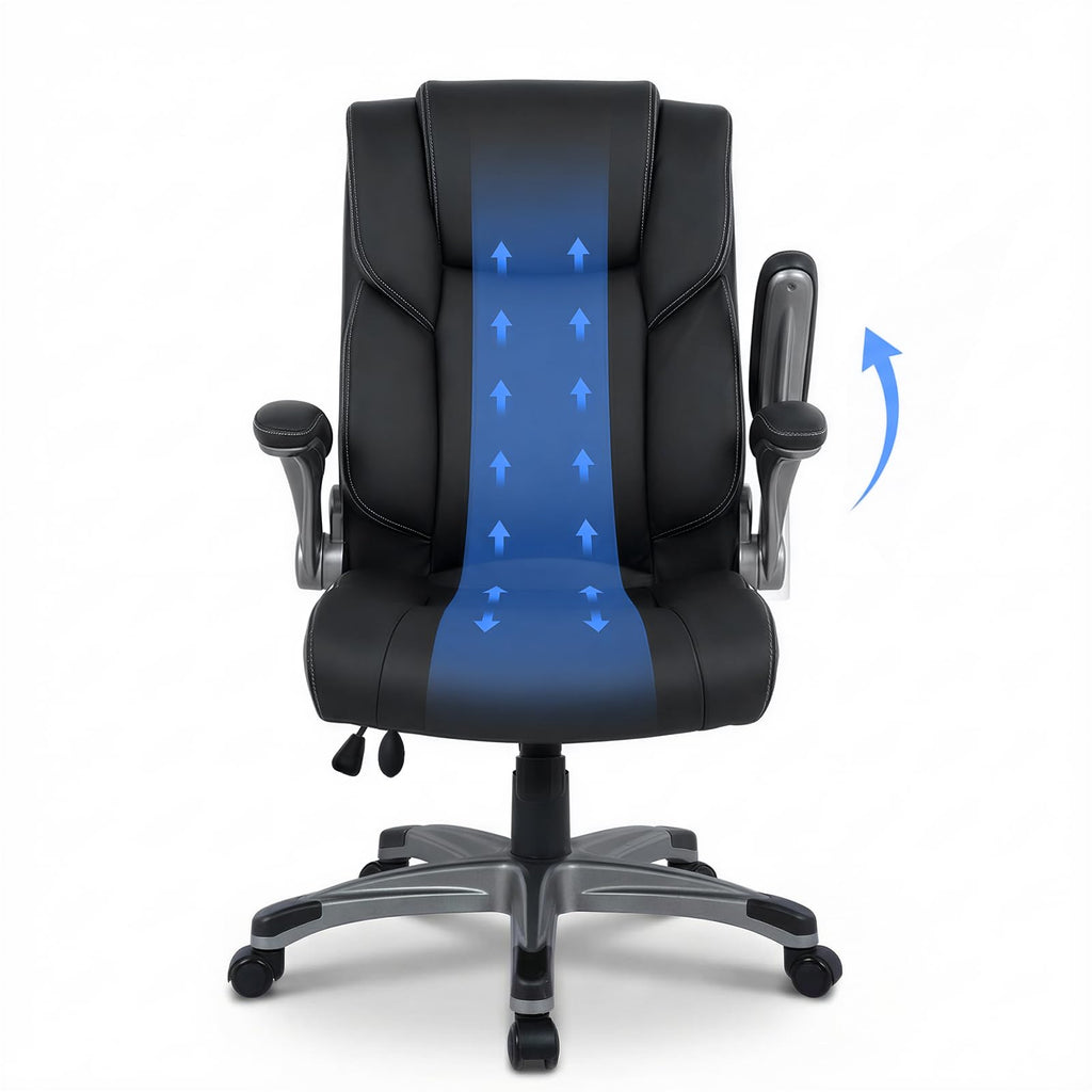 COLAMY High Back Executive Office Chair - Padded Leather Ergonomic Computer Desk Chair with Inflatable Lumbar Support & Flip-Up Arms, Adjustable Tilt Lock Swivel Task Chair for Home Office, Black