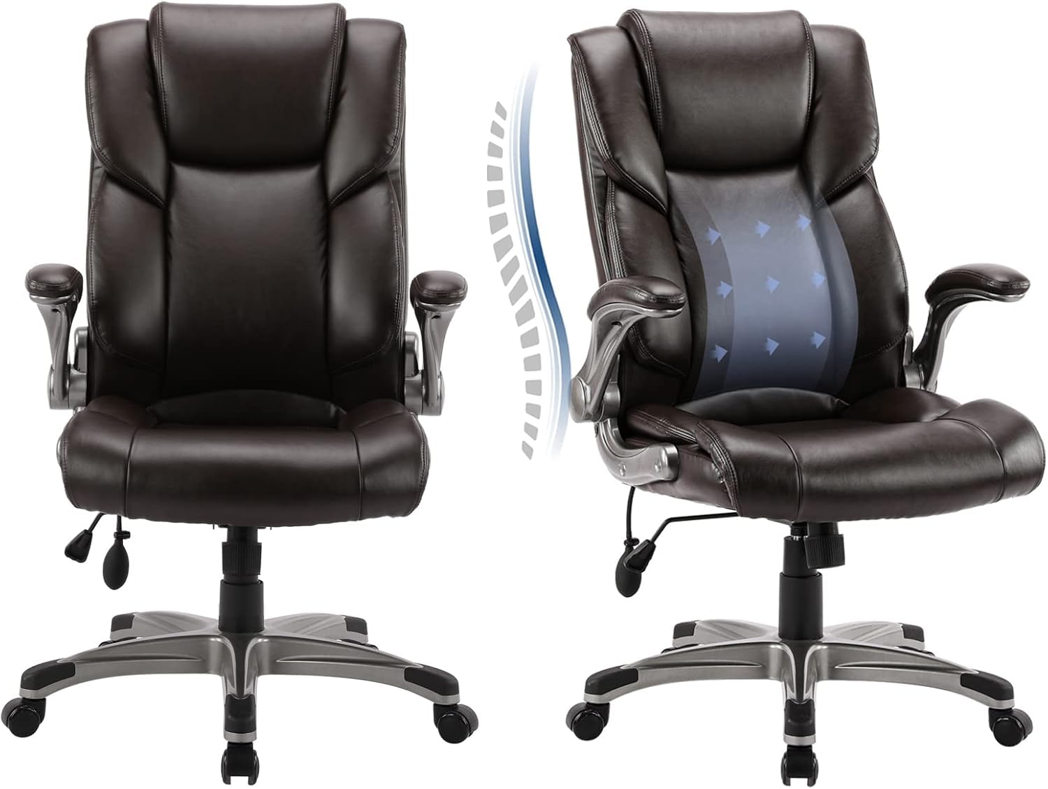 COLAMY High Back Executive Office Chair - Padded Leather Ergonomic Computer Desk Chair with Inflatable Lumbar Support & Flip-Up Arms, Adjustable Tilt Lock Swivel Task Chair for Home Office, Black