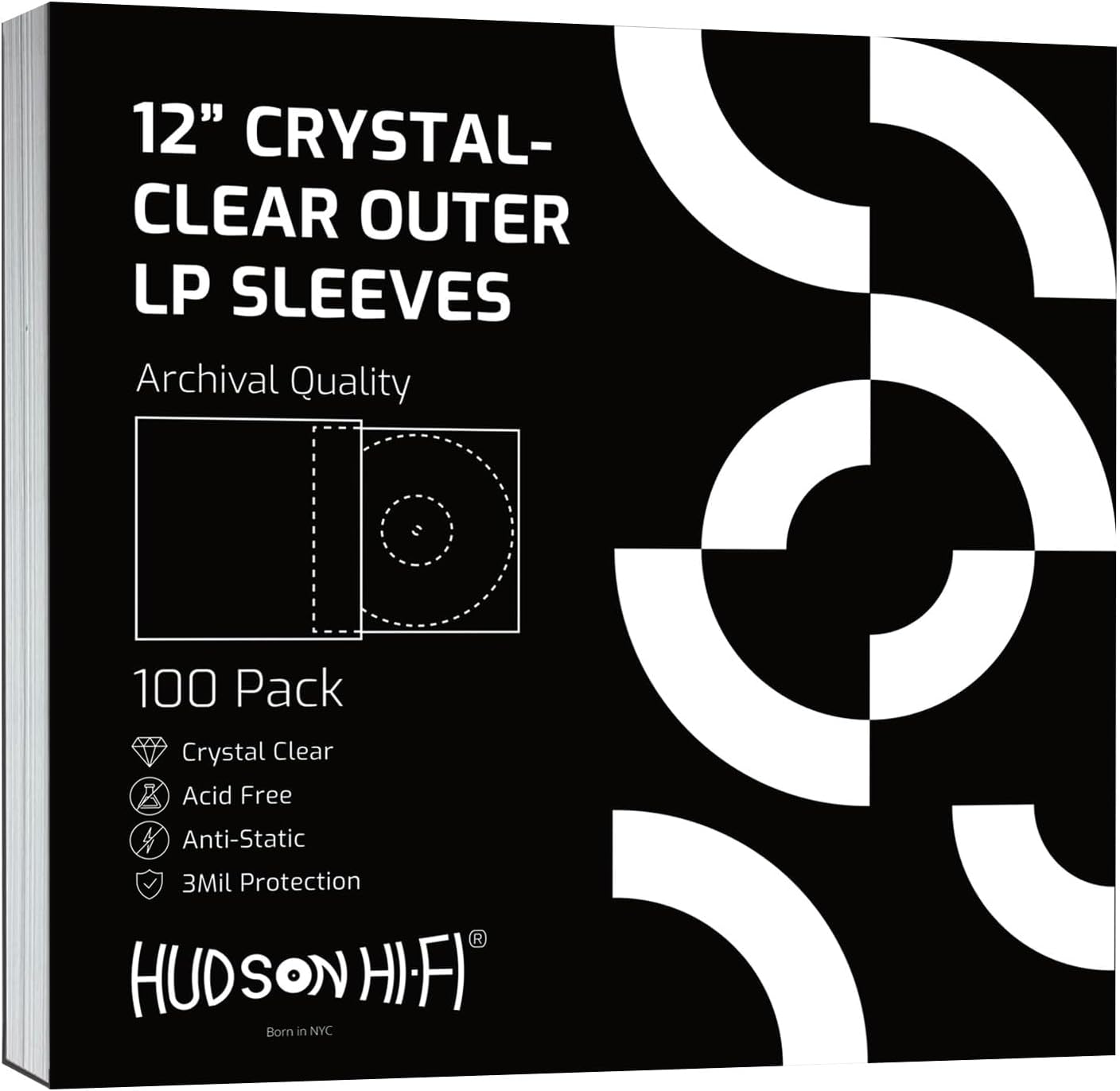 Hudson Hi-Fi Flexible Archival-Grade Vinyl Jacket Outer Sleeves – 100 Pack – Crystal Clear Polypropylene, Anti-Static & Acid-Free