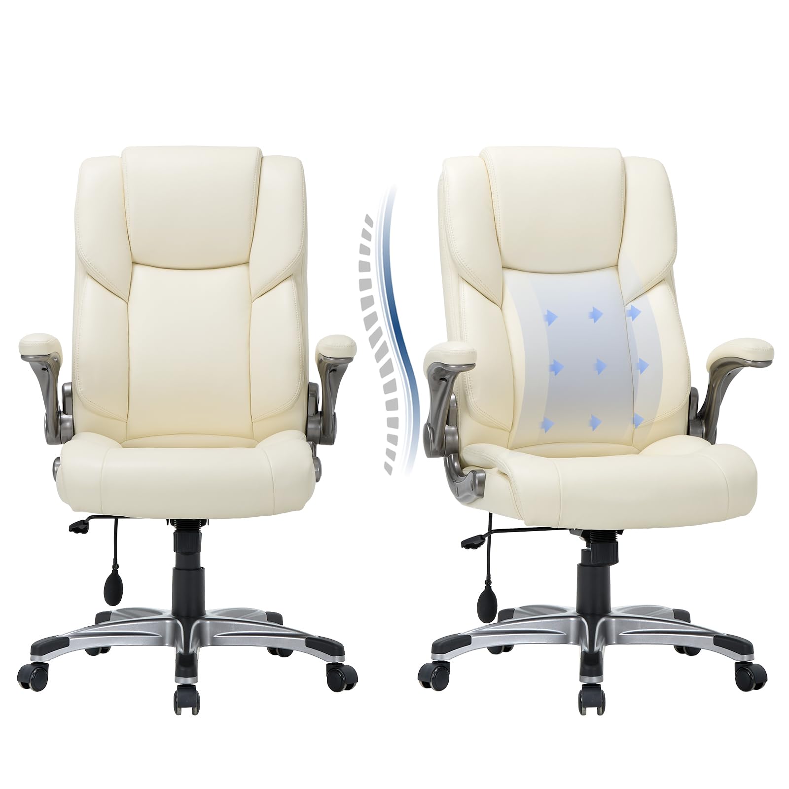COLAMY High Back Executive Office Chair - Padded Leather Ergonomic Computer Desk Chair with Inflatable Lumbar Support & Flip-Up Arms, Adjustable Tilt Lock Swivel Task Chair for Home Office, Black