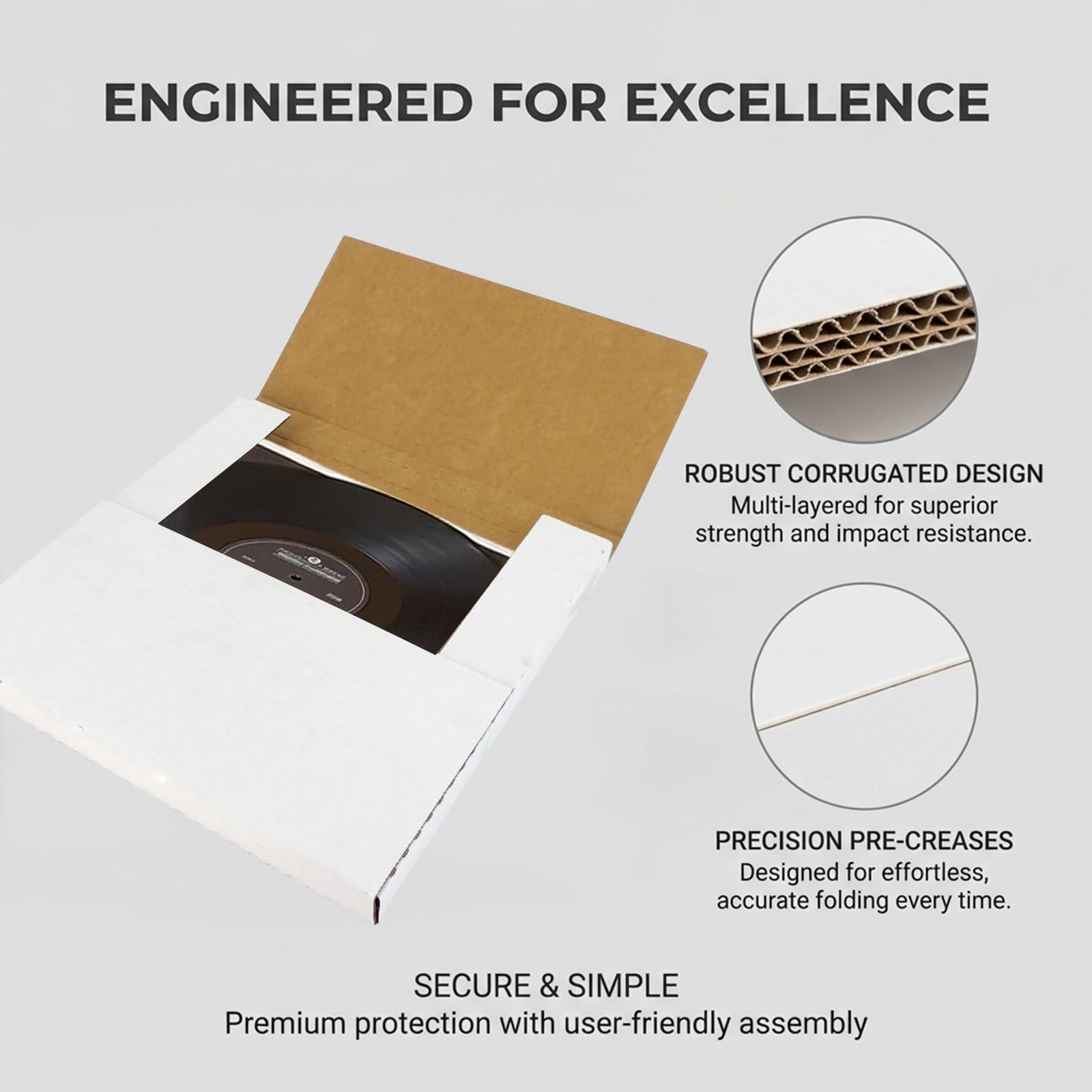 50 Pack Vinyl Record Shipping Boxes: 12.5" X 12.5" x 1" White Vinyl Record LP Shipping Mailer Boxes, Easy Fold LP Cardboard Mailing Boxes Multi Depth Album Mailers for Packaging Moving Storage
