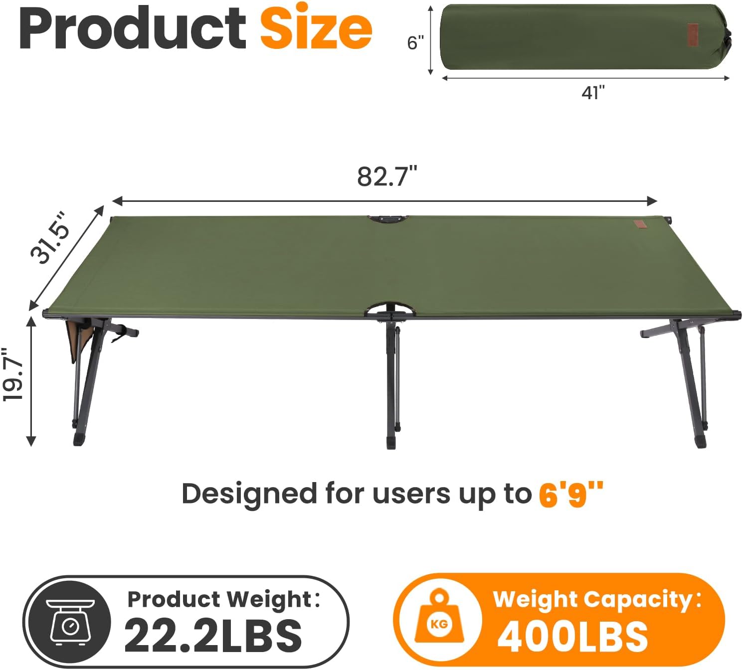 Heavy Duty Camping Cot for Adults, 31.5'' Wide Folding Cot, Support 400LBS