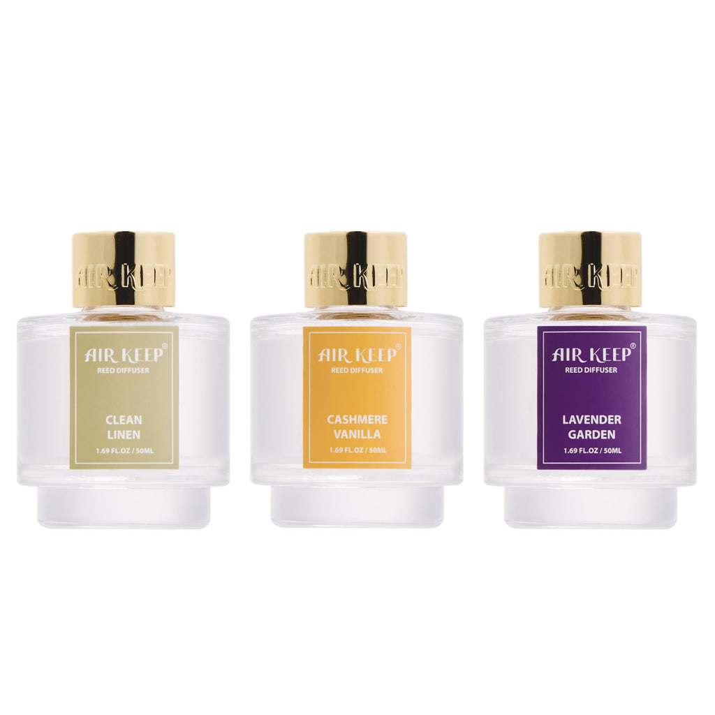 Airkeep Reed Diffuser Set of 3,Clean Linen Ocean Mist&Sea Salt Lavender Eucalyptus Oil Reed Diffusers for Bedroom Living Room Office Aromatherapy Oil Reed Diffuser for Gift 50ml x 3