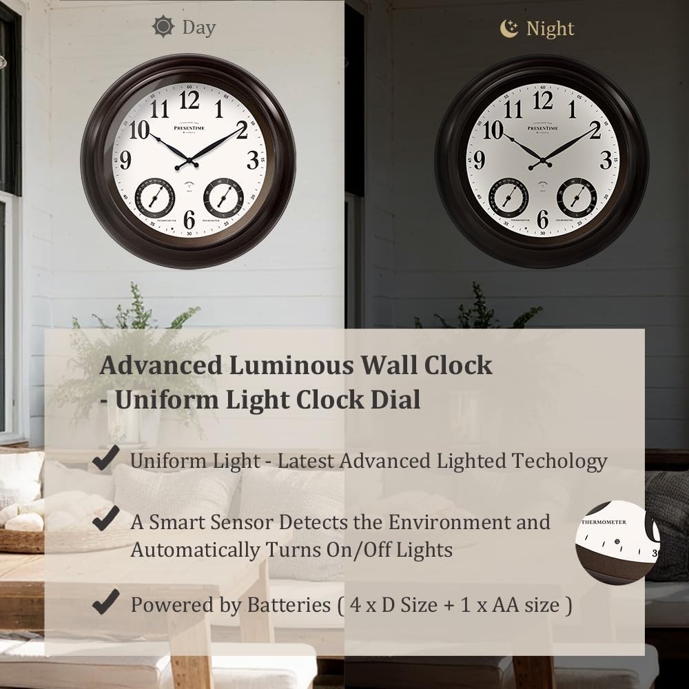 Presentime 24 inch Large Illuminated Waterproof Outdoor Clock