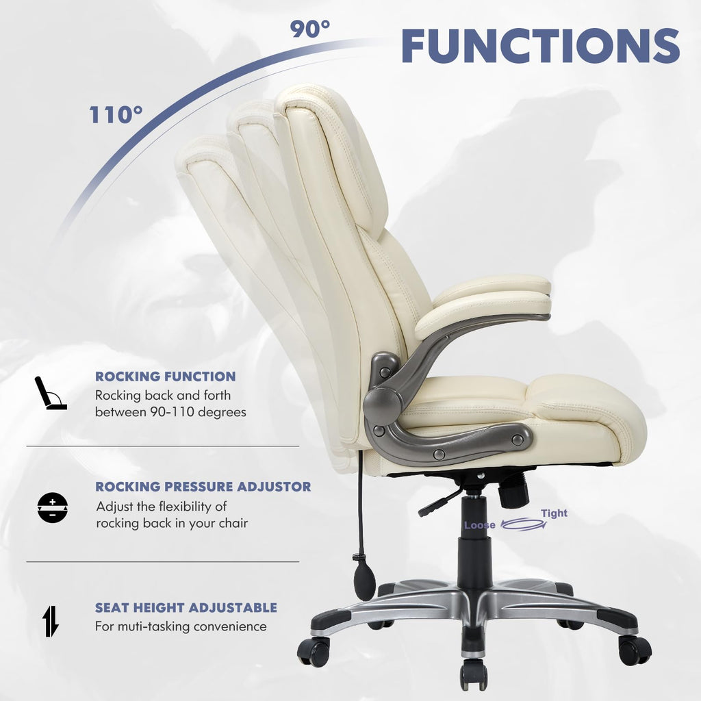 COLAMY High Back Executive Office Chair - Padded Leather Ergonomic Computer Desk Chair with Inflatable Lumbar Support & Flip-Up Arms, Adjustable Tilt Lock Swivel Task Chair for Home Office, Black