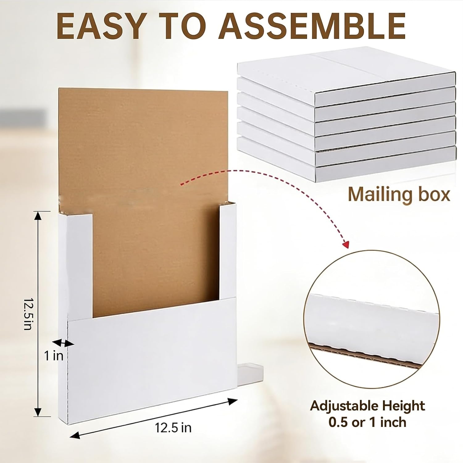 50 Pack Vinyl Record Shipping Boxes: 12.5" X 12.5" x 1" White Vinyl Record LP Shipping Mailer Boxes, Easy Fold LP Cardboard Mailing Boxes Multi Depth Album Mailers for Packaging Moving Storage