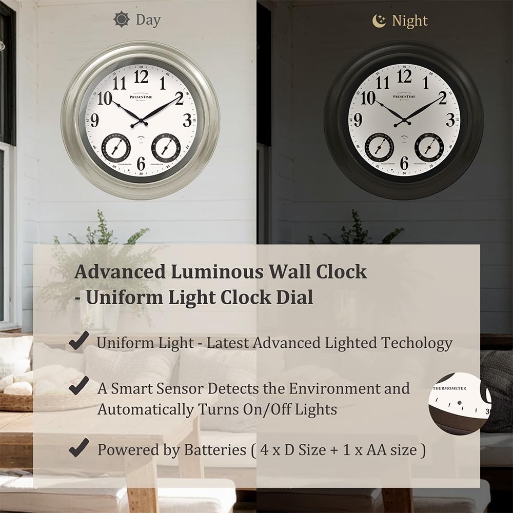 Presentime 24 inch Large Illuminated Waterproof Outdoor Clock