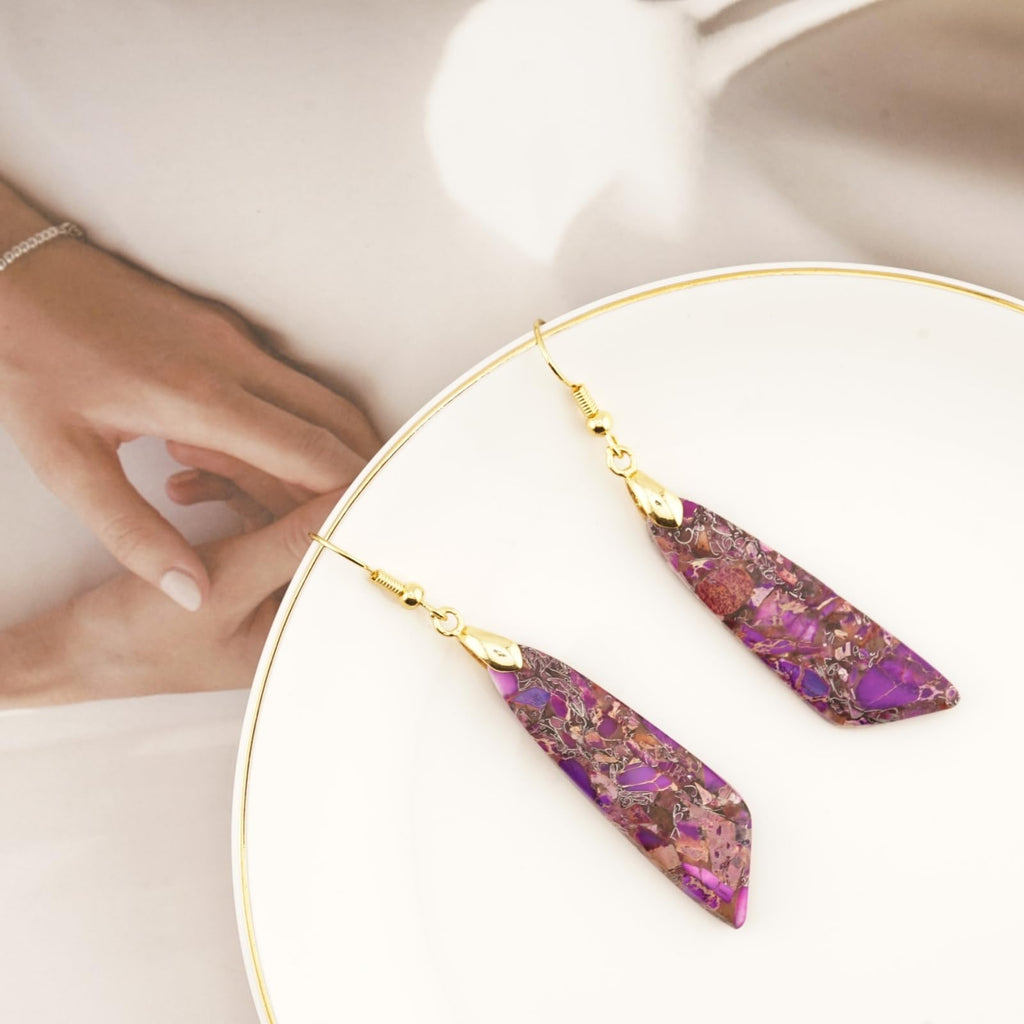 Sriomu Natural Healing Stone Fishhoop Dangle Drop Earrings Statement Gold silver earrings