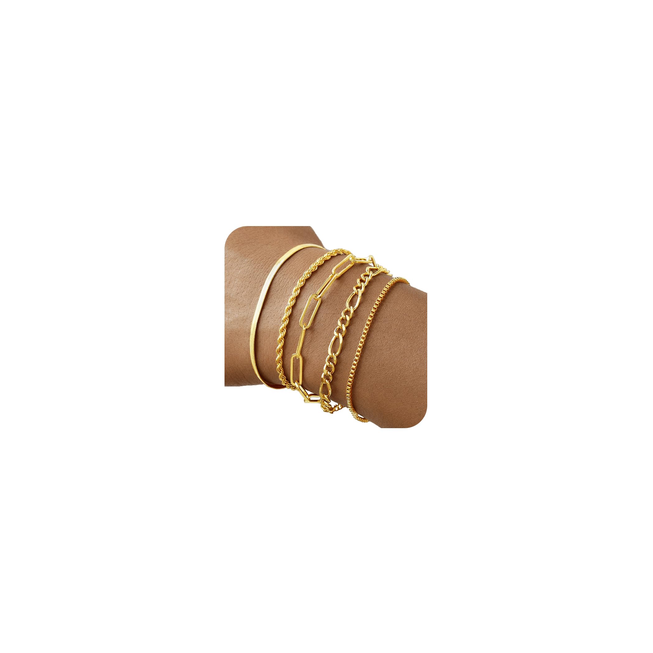 Gold Bracelets for Women, 14K Gold Plated Stackable Bracelet Stack Set Adjustable Charm Paperclip Chain Snake Link Layered Waterproof Jewelry Sets Gifts