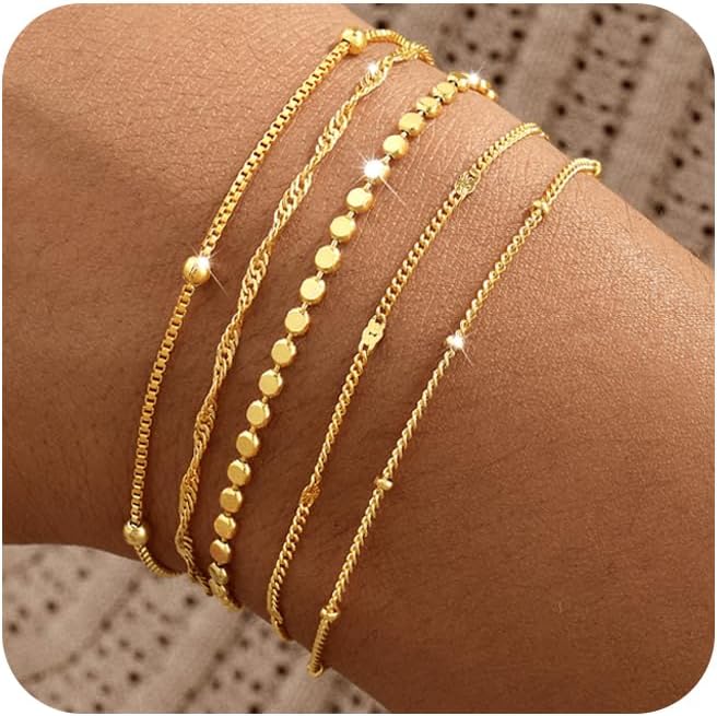 Gold Bracelets for Women, 14K Gold Plated Stackable Bracelet Stack Set Adjustable Charm Paperclip Chain Snake Link Layered Waterproof Jewelry Sets Gifts