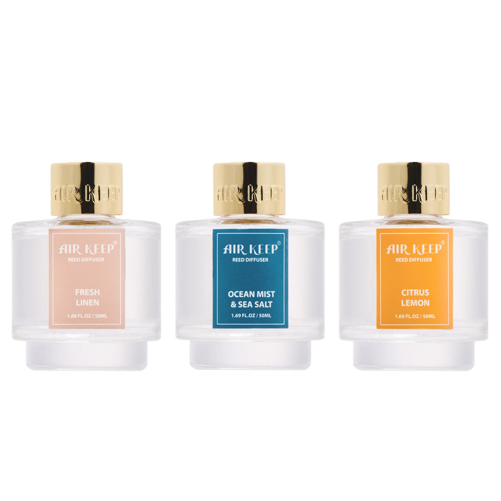 Airkeep Reed Diffuser Set of 3,Clean Linen Ocean Mist&Sea Salt Lavender Eucalyptus Oil Reed Diffusers for Bedroom Living Room Office Aromatherapy Oil Reed Diffuser for Gift 50ml x 3