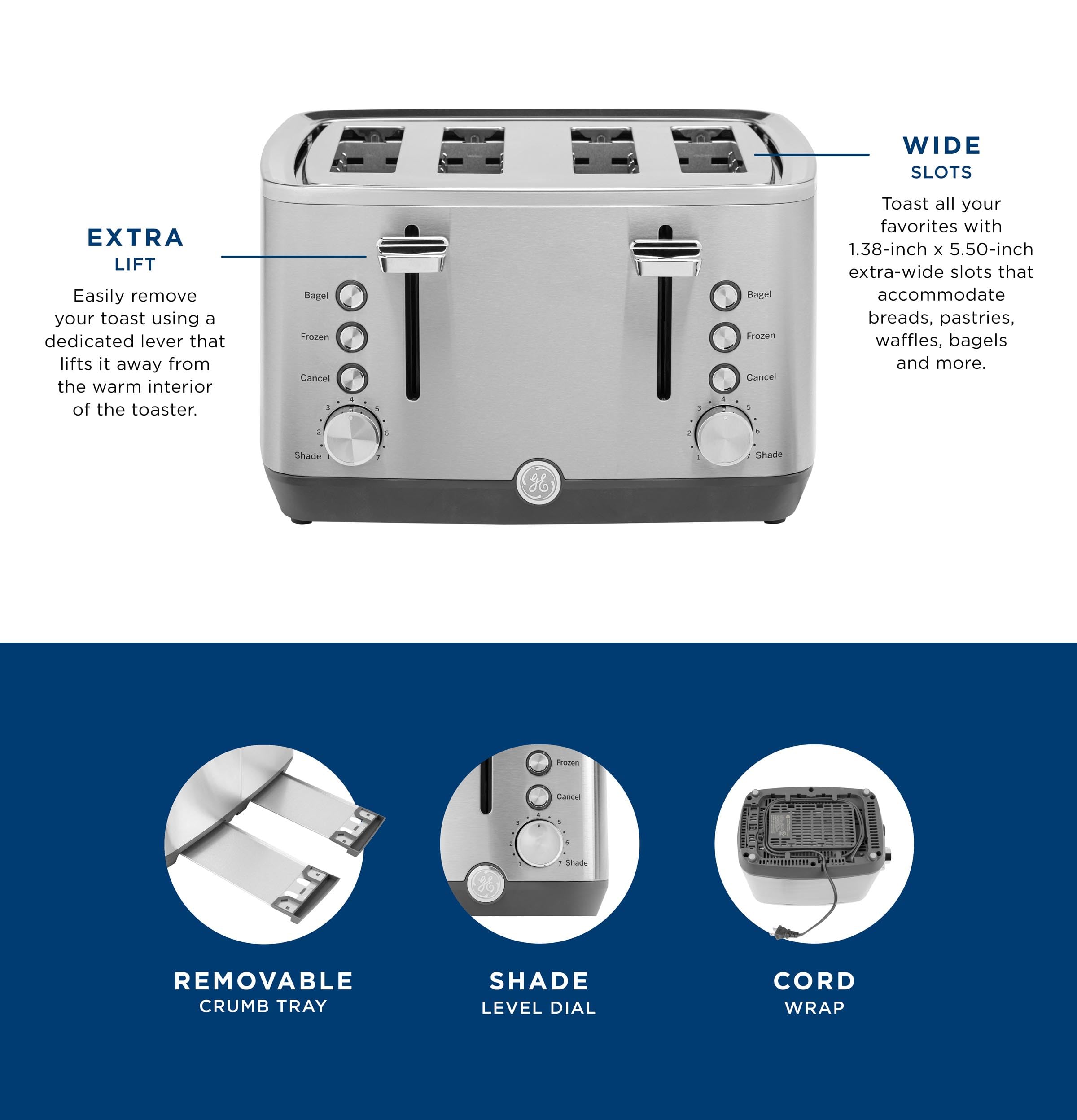 GE 4 Slice Toaster | Extra Wide Slots for Bagels, Breads, Waffles & More | 7 Shade Options | Countertop Kitchen Essentials | 1500 watt, White