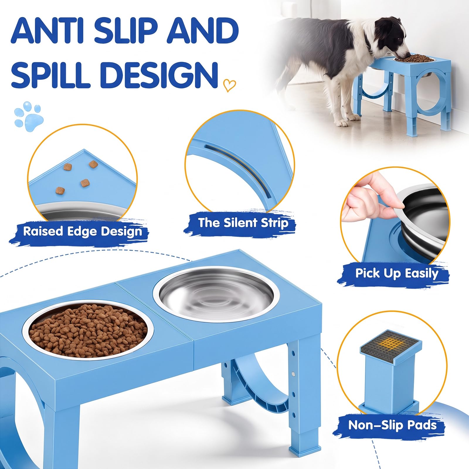 XIAZ Elevated Dog Bowls Large Breed Raised Dogs Bowl Stand Large/Medium Sized Dog Stainless Steel Food Water Bowl Stands 5 Heights Adjustable 9/11/12/14in Black Pet Feeder Dish Station