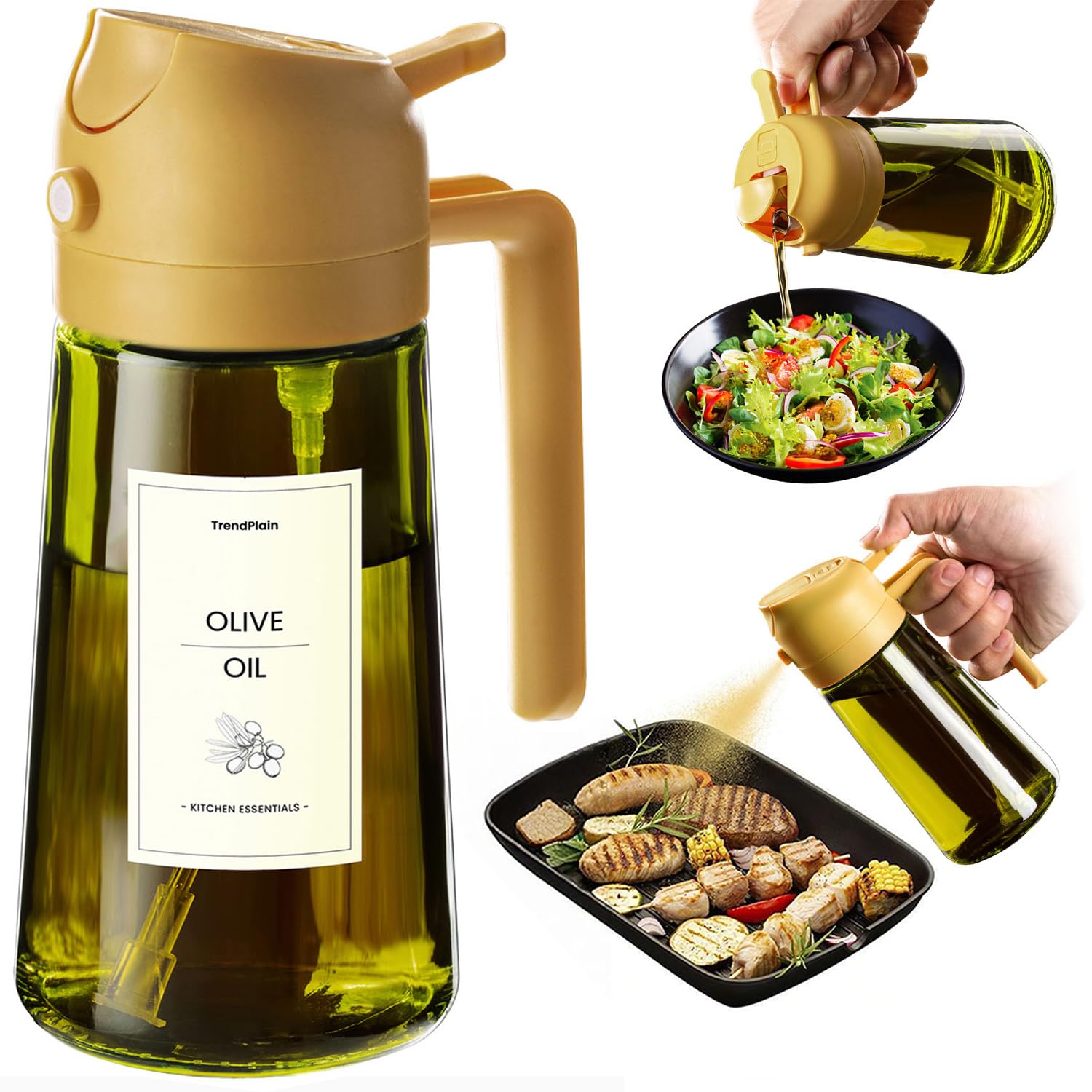 TrendPlain - Original 16oz/470ml Olive Oil Dispenser Bottle for Kitchen Gadgets and Air Fryer Accessories - Olive Oil Sprayer for Cooking w/Stickers - Black&Green