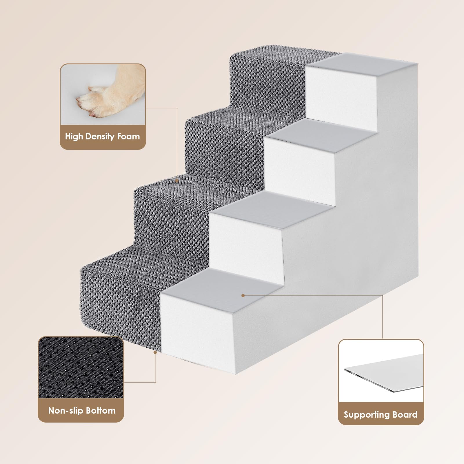 EHEYCIGA Dog Stairs for Bed 18" H, 4-Step Dog Steps for High Bed, Grey