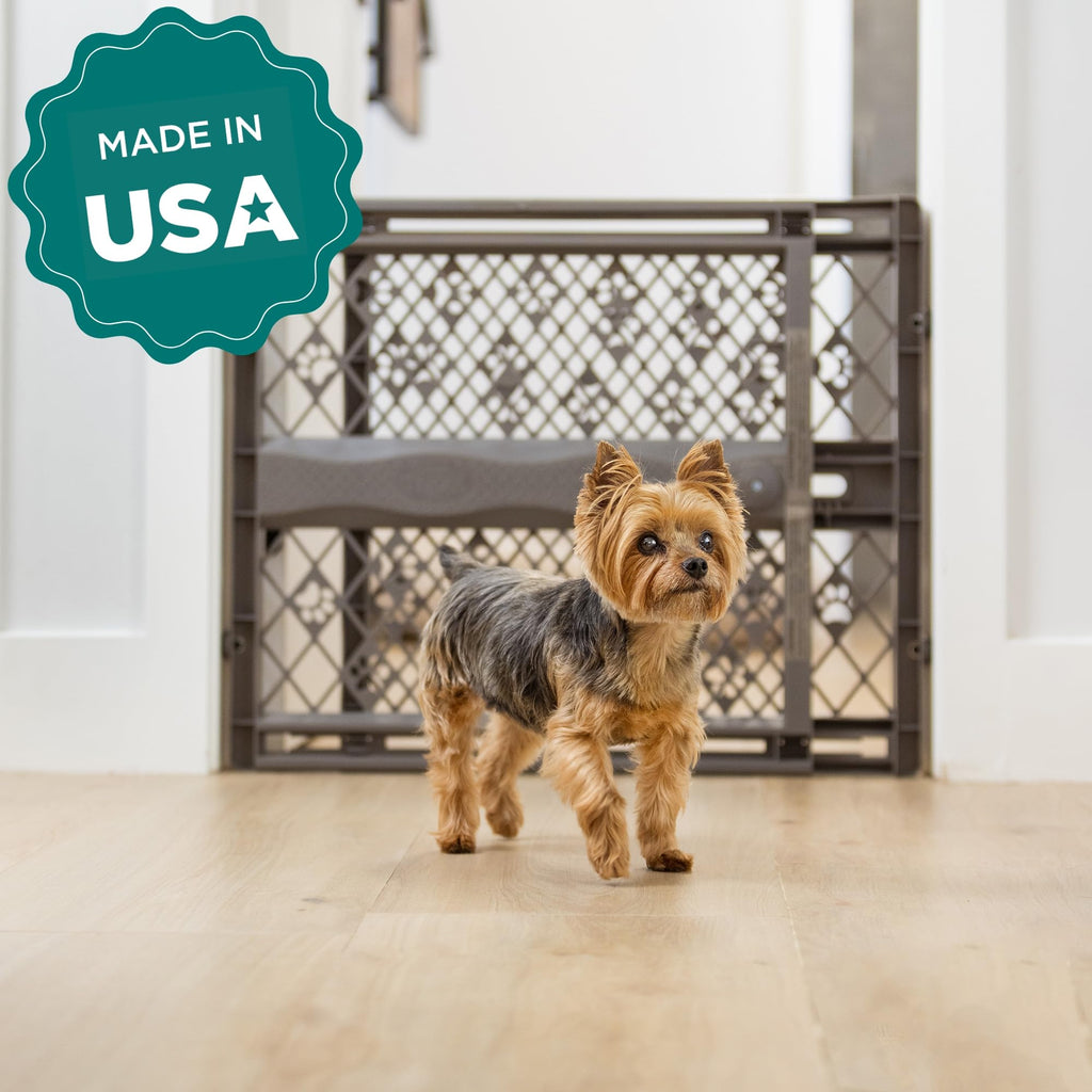 MYPET North States Paws Portable Pet Gate: 26-40" Wide. Pressure Mount. No Tools Needed. Made in USA. Dog Gate 23" Tall, Expandable, Durable Dog Gates for Doorways, Light Gray