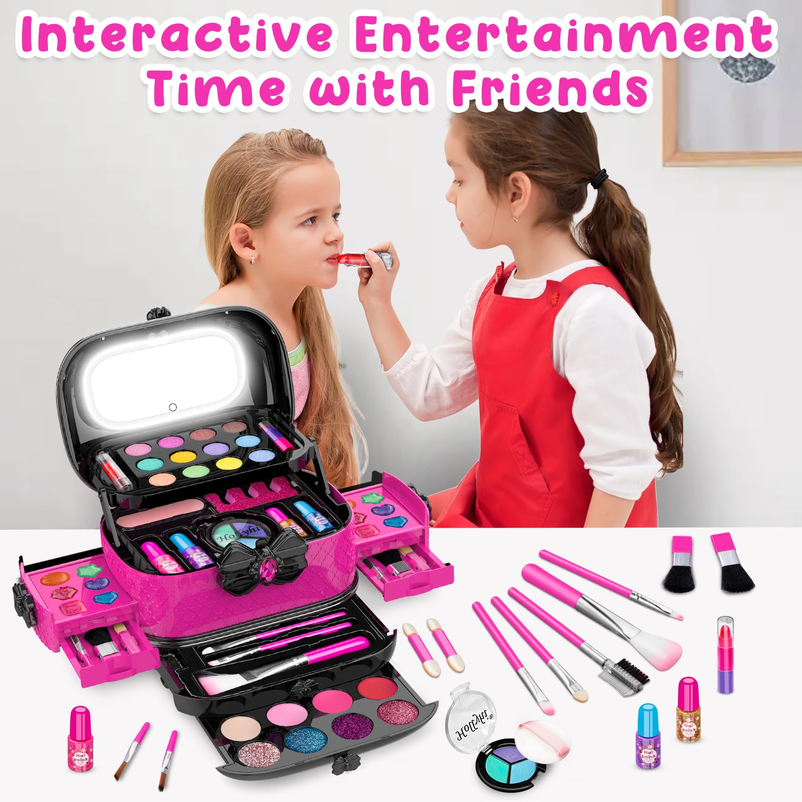 Hollyhi 58 Pcs Kids Makeup Toys Kit for Girls, Real Washable Make Up Set