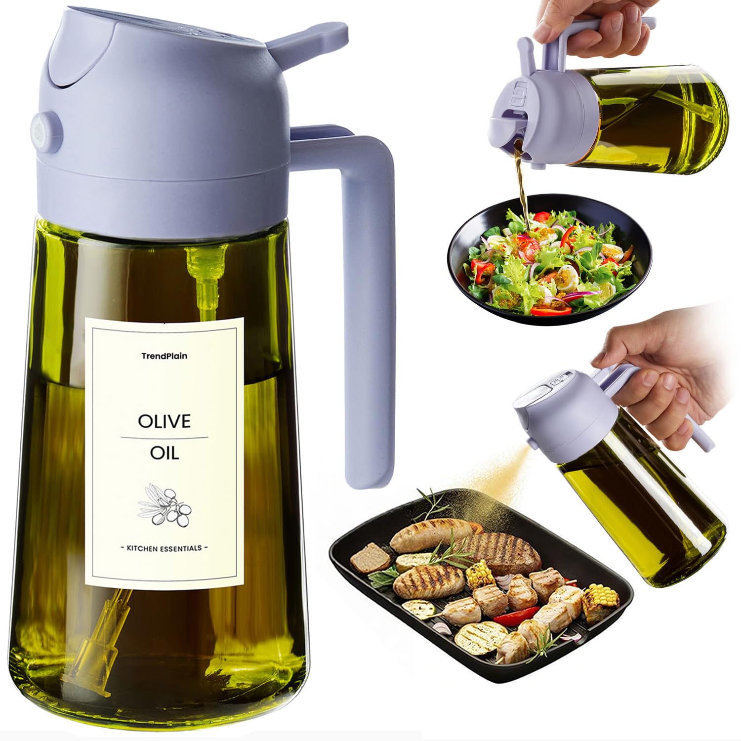 TrendPlain - Original 16oz/470ml Olive Oil Dispenser Bottle for Kitchen Gadgets and Air Fryer Accessories - Olive Oil Sprayer for Cooking w/Stickers - Black&Green
