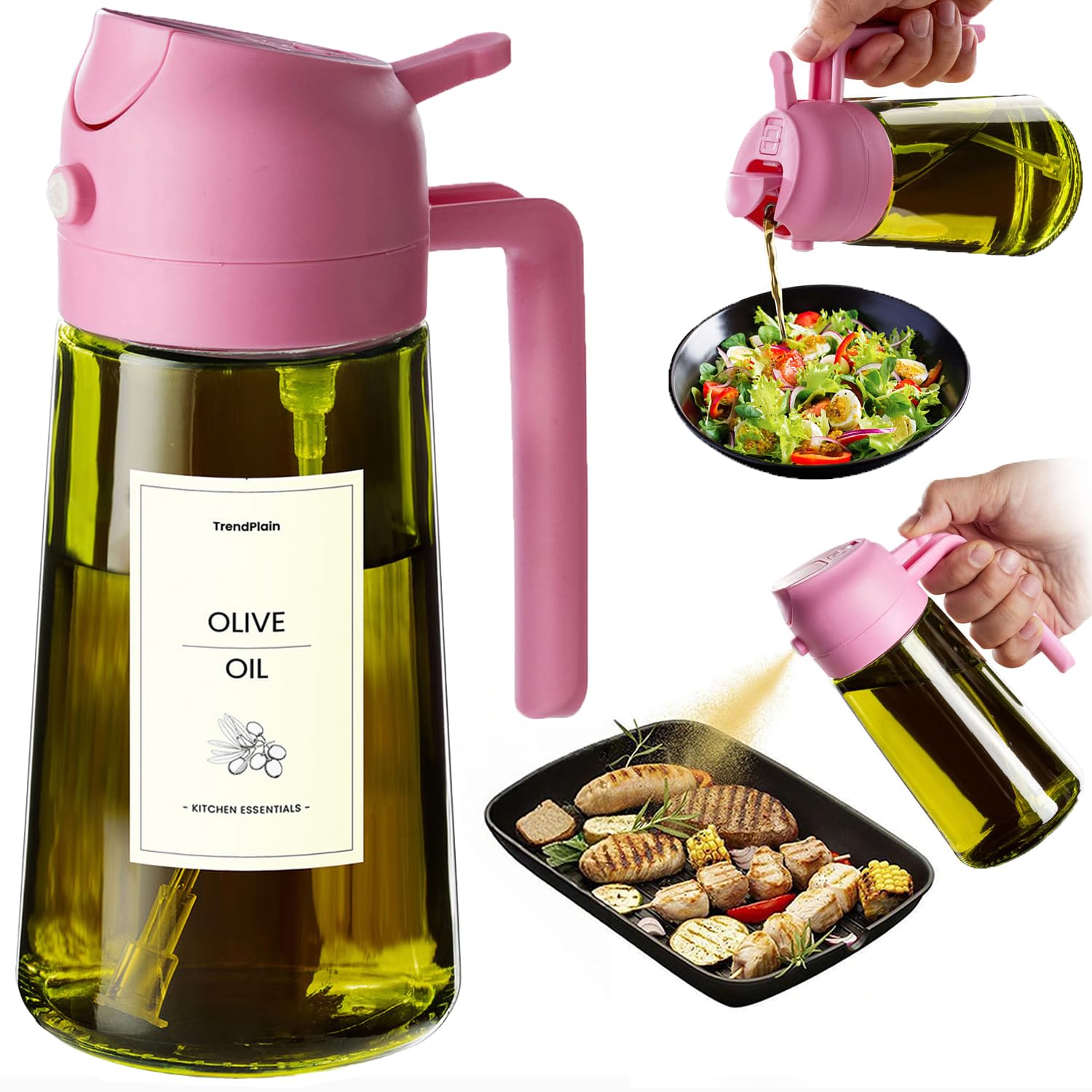 TrendPlain - Original 16oz/470ml Olive Oil Dispenser Bottle for Kitchen Gadgets and Air Fryer Accessories - Olive Oil Sprayer for Cooking w/Stickers - Black&Green