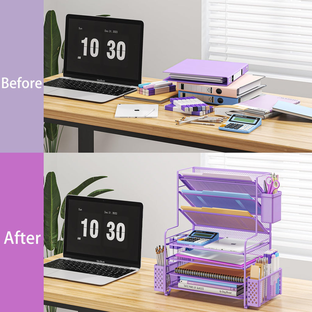 Simple Trending 7 Tier Desk File Organizer, Letter Tray Paper Organizer with Pen Holder and Metal Hanging Basket, Black