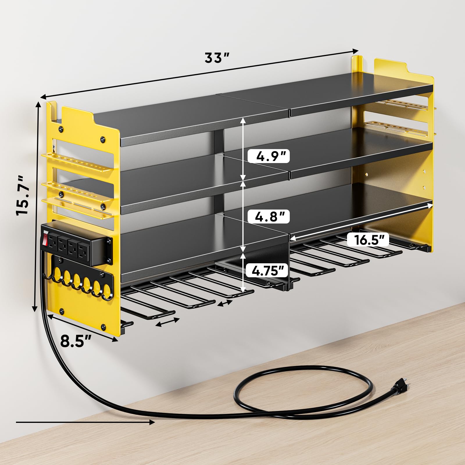 POKIPO Large Power Tool Organizer Wall Mount with Charging Station,4 Layer Heavy Duty Metal Tool Storage Rack Loads 600lbs with 8 Cordless Drill Holder,Battery Utility Rack Loads with 4 Power Strip