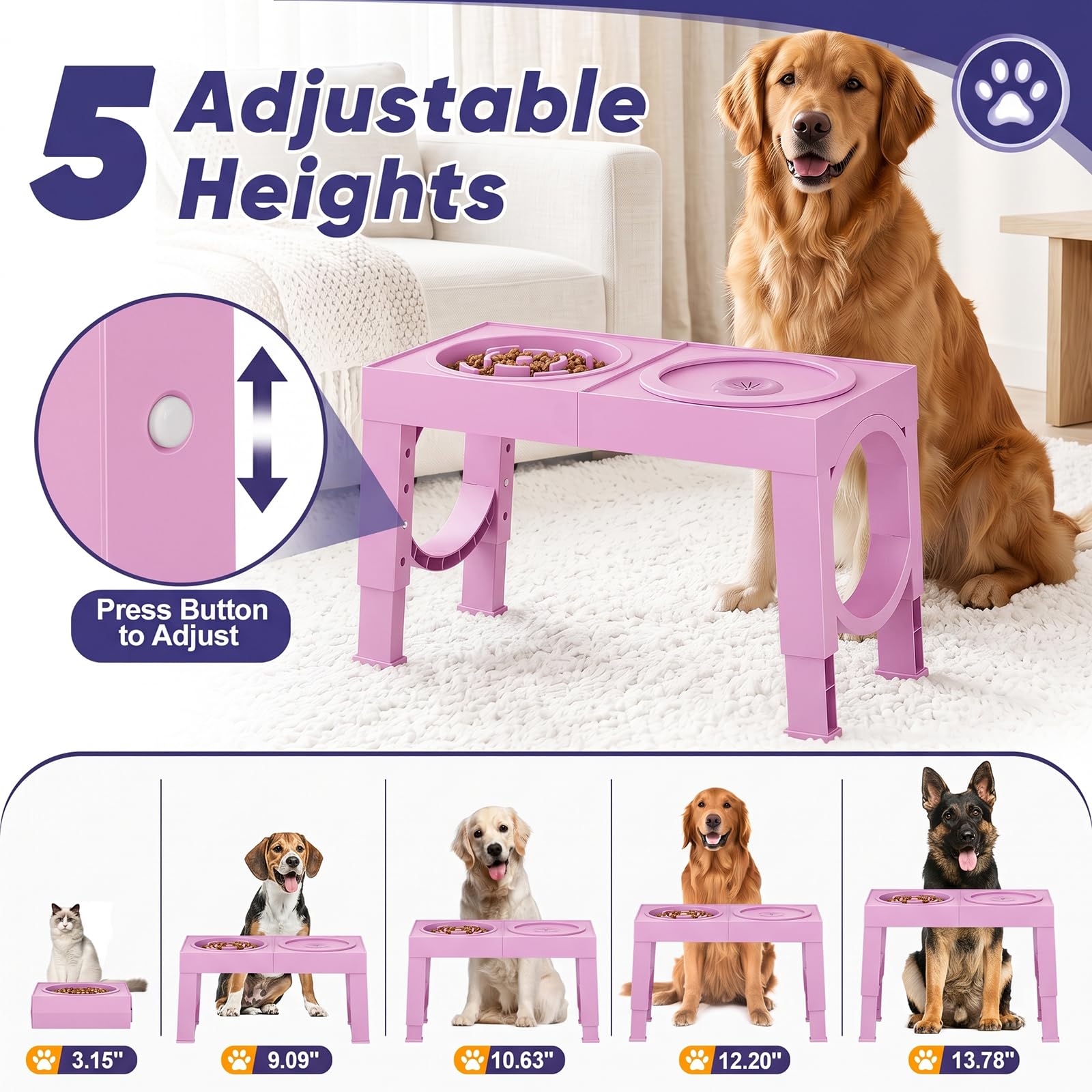 XIAZ Elevated Dog Bowls Large Breed Raised Dogs Bowl Stand Large/Medium Sized Dog Stainless Steel Food Water Bowl Stands 5 Heights Adjustable 9/11/12/14in Black Pet Feeder Dish Station