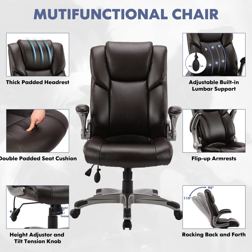 COLAMY High Back Executive Office Chair - Padded Leather Ergonomic Computer Desk Chair with Inflatable Lumbar Support & Flip-Up Arms, Adjustable Tilt Lock Swivel Task Chair for Home Office, Black