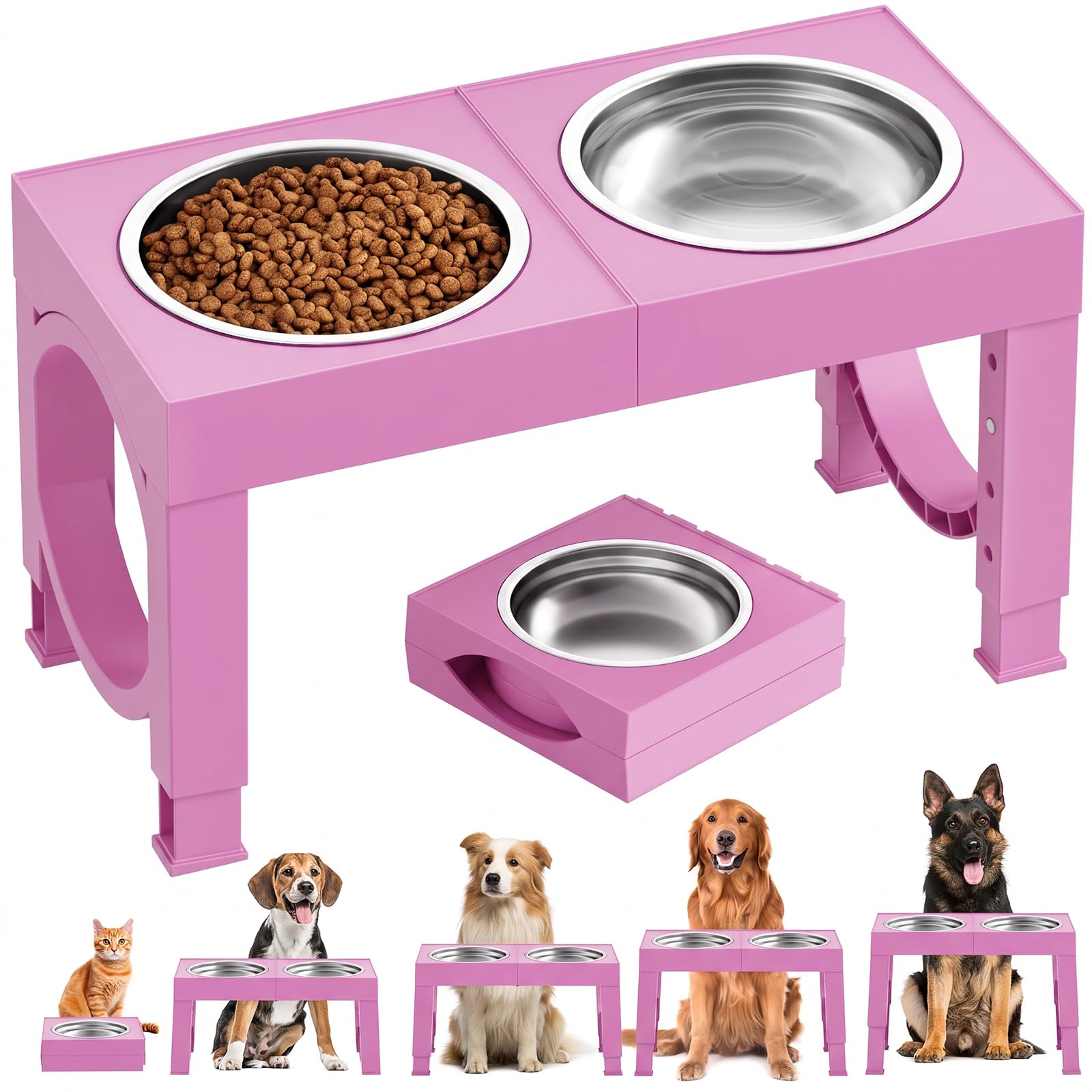 XIAZ Elevated Dog Bowls Large Breed Raised Dogs Bowl Stand Large/Medium Sized Dog Stainless Steel Food Water Bowl Stands 5 Heights Adjustable 9/11/12/14in Black Pet Feeder Dish Station