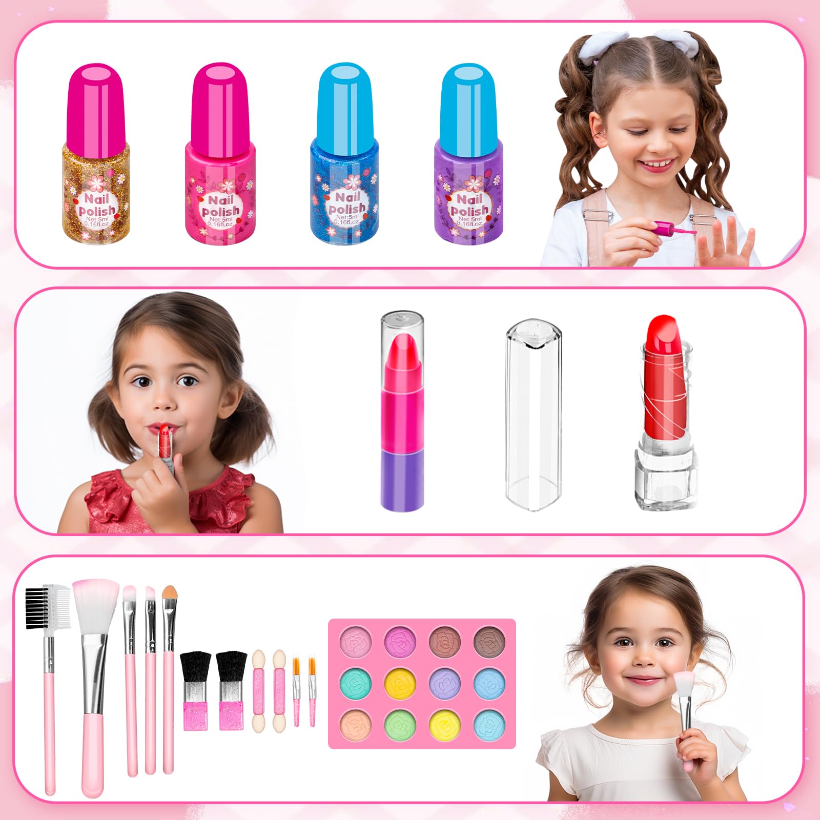 Hollyhi 58 Pcs Kids Makeup Toys Kit for Girls, Real Washable Make Up Set