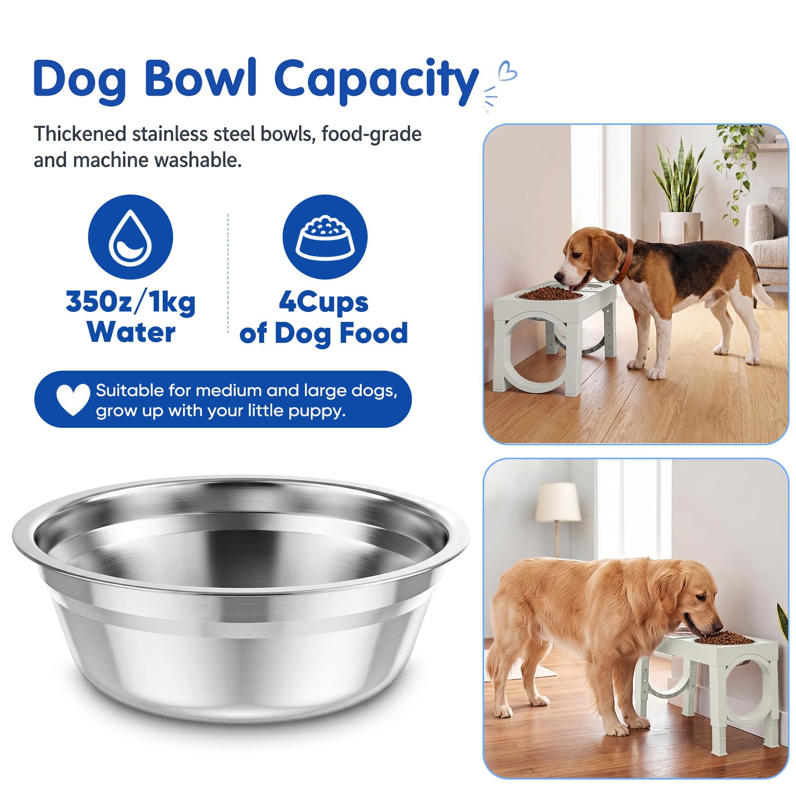 XIAZ Elevated Dog Bowls Large Breed Raised Dogs Bowl Stand Large/Medium Sized Dog Stainless Steel Food Water Bowl Stands 5 Heights Adjustable 9/11/12/14in Black Pet Feeder Dish Station