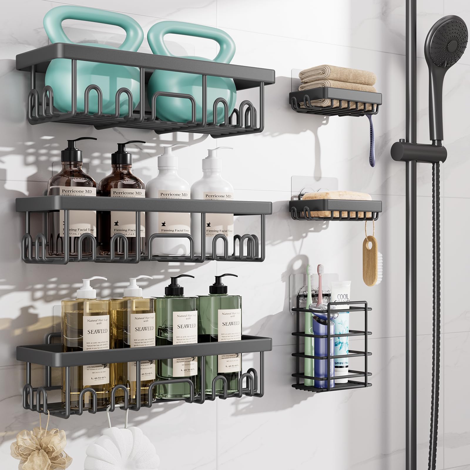 Veken Shower Caddy 6-Pack, Bathroom Organizers and Storage Shelves, Black