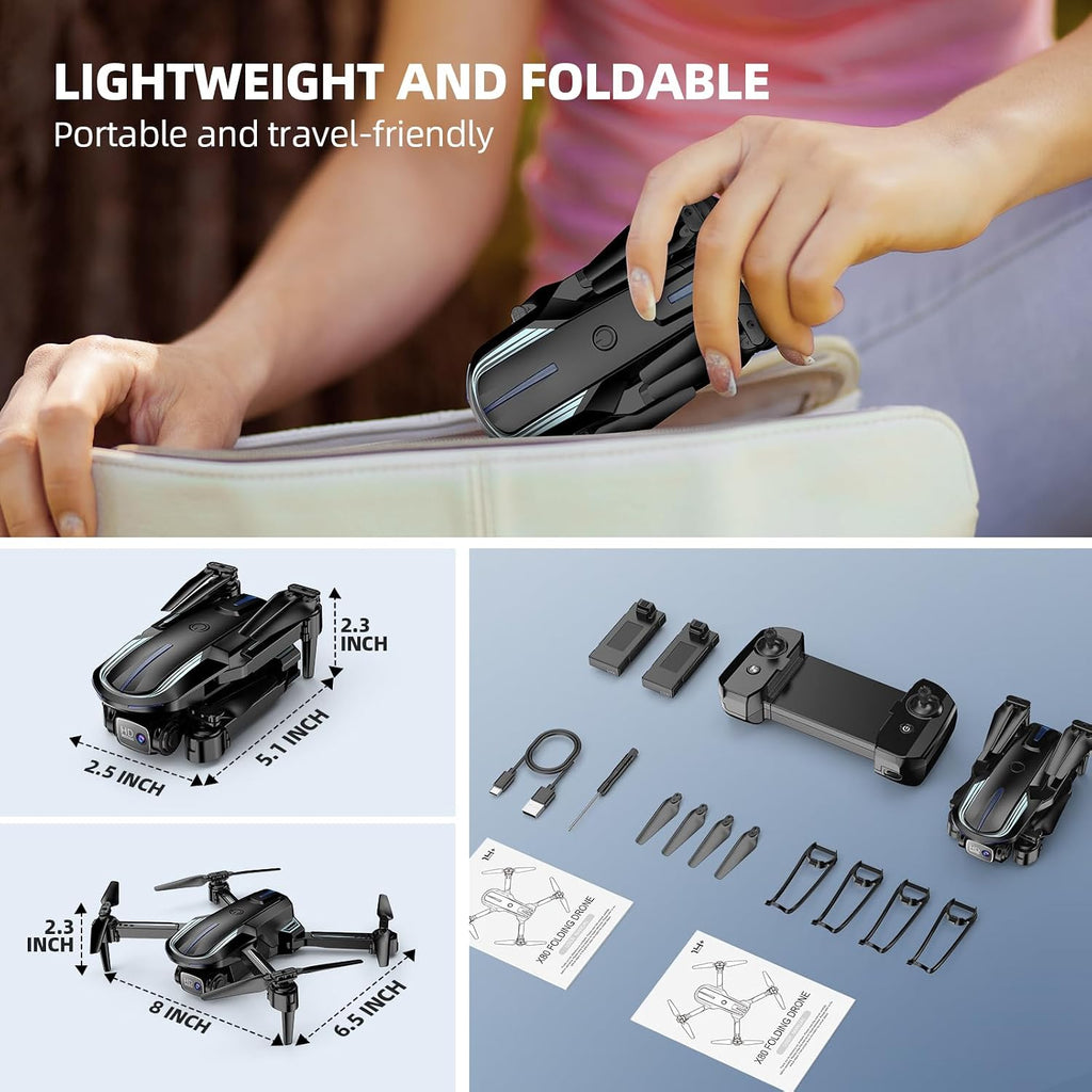 Drone with Camera for Adults Beginners Kids, Fun 1080P Foldable Mini Drone for Exciting Indoor Outdoor Play, RC Quadcopter with 2 Batteries, One Key Start, Easy to Fly, Altitude Hold, 3D Flips