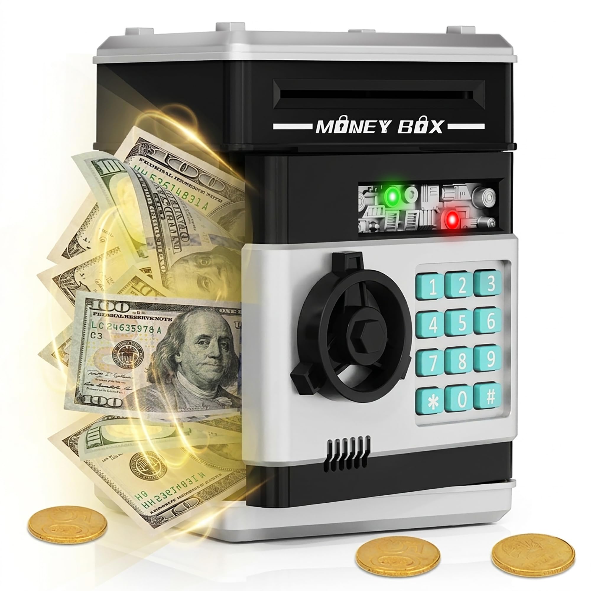 Refasy Piggy Bank Cash Coin Can ATM Bank Electronic Coin Money Bank for Kids Age 3-12, Money Savings Box Mini ATM Coin Bank Toys Gifts for 3 4 5 6 7 8 9 10 11 12 Year Old Boys Girls