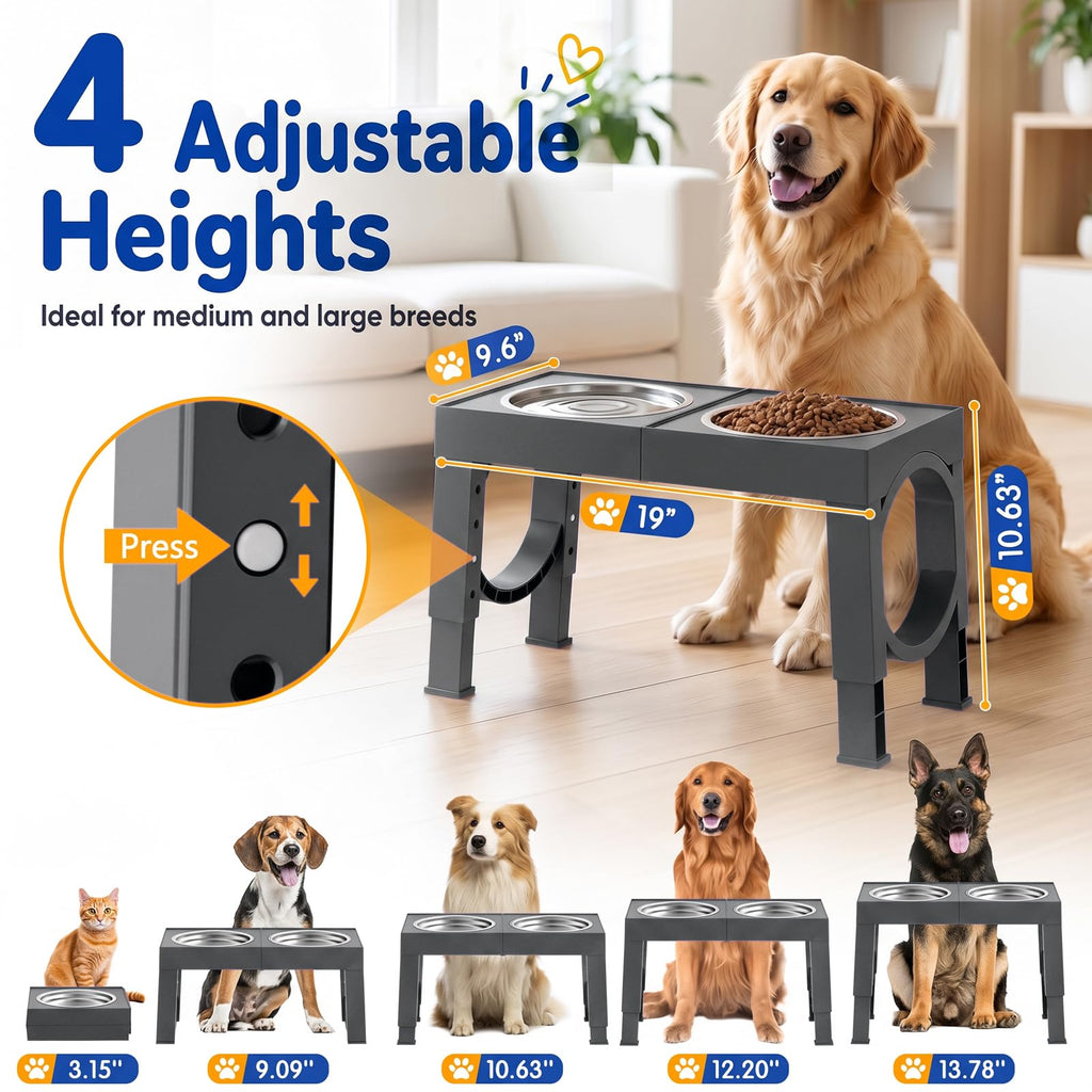 XIAZ Elevated Dog Bowls Large Breed Raised Dogs Bowl Stand Large/Medium Sized Dog Stainless Steel Food Water Bowl Stands 5 Heights Adjustable 9/11/12/14in Black Pet Feeder Dish Station