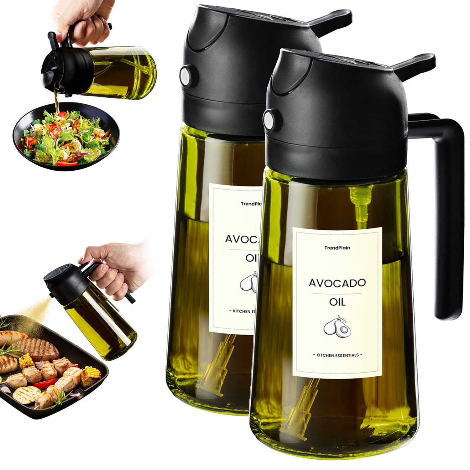 TrendPlain - Original 16oz/470ml Olive Oil Dispenser Bottle for Kitchen Gadgets and Air Fryer Accessories - Olive Oil Sprayer for Cooking w/Stickers - Black&Green