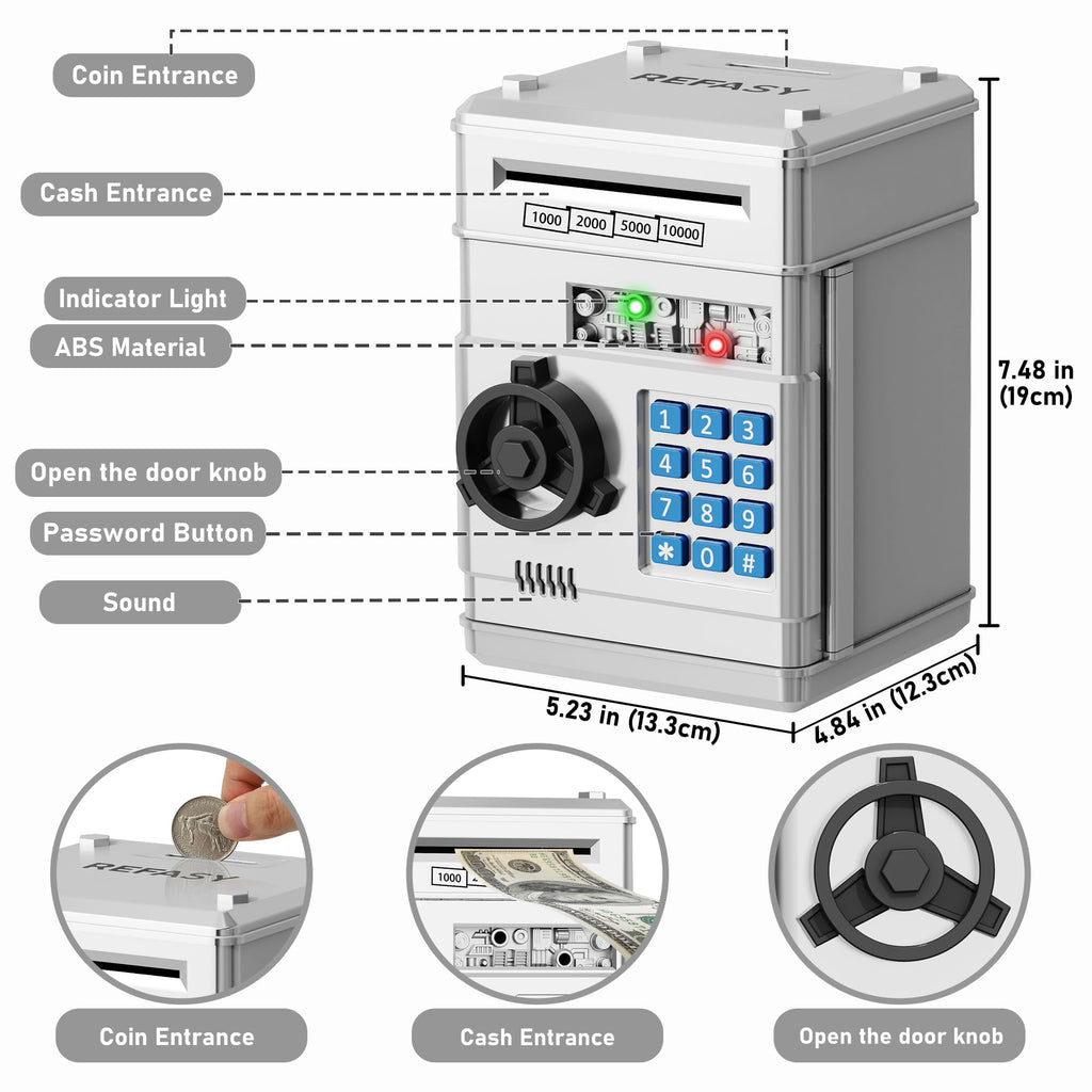 Refasy Piggy Bank Cash Coin Can ATM Bank Electronic Coin Money Bank for Kids Age 3-12, Money Savings Box Mini ATM Coin Bank Toys Gifts for 3 4 5 6 7 8 9 10 11 12 Year Old Boys Girls
