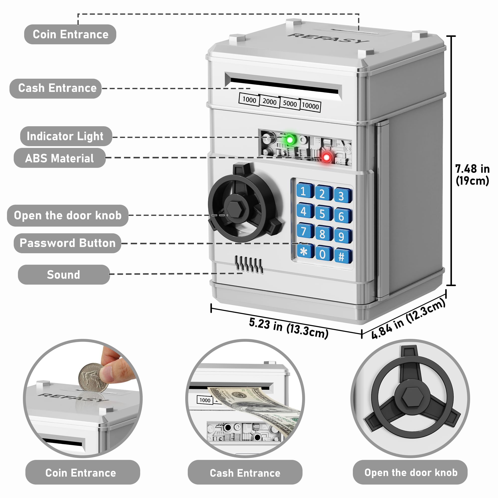 Refasy Piggy Bank Cash Coin Can ATM Bank Electronic Coin Money Bank for Kids Age 3-12, Money Savings Box Mini ATM Coin Bank Toys Gifts for 3 4 5 6 7 8 9 10 11 12 Year Old Boys Girls