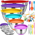 Mixing Bowls with Airtight Lids Set, 26PCS Stainless Steel Khaki Bowls with Grater Attachments, Non-Slip Bottoms & Kitchen Gadgets Set, Size 7, 4, 2.5, 2.0,1.5, 1QT, Great for Mixing & Serving