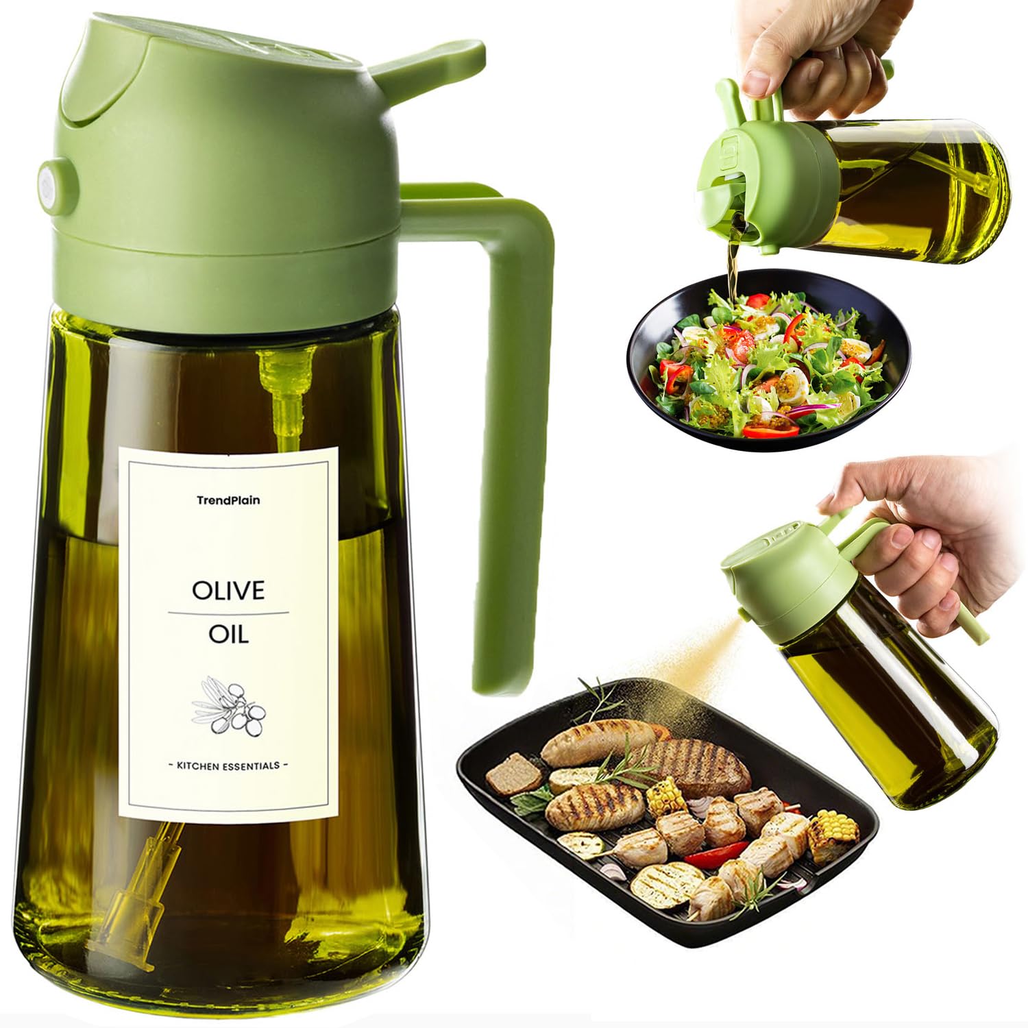 TrendPlain - Original 16oz/470ml Olive Oil Dispenser Bottle for Kitchen Gadgets and Air Fryer Accessories - Olive Oil Sprayer for Cooking w/Stickers - Black&Green
