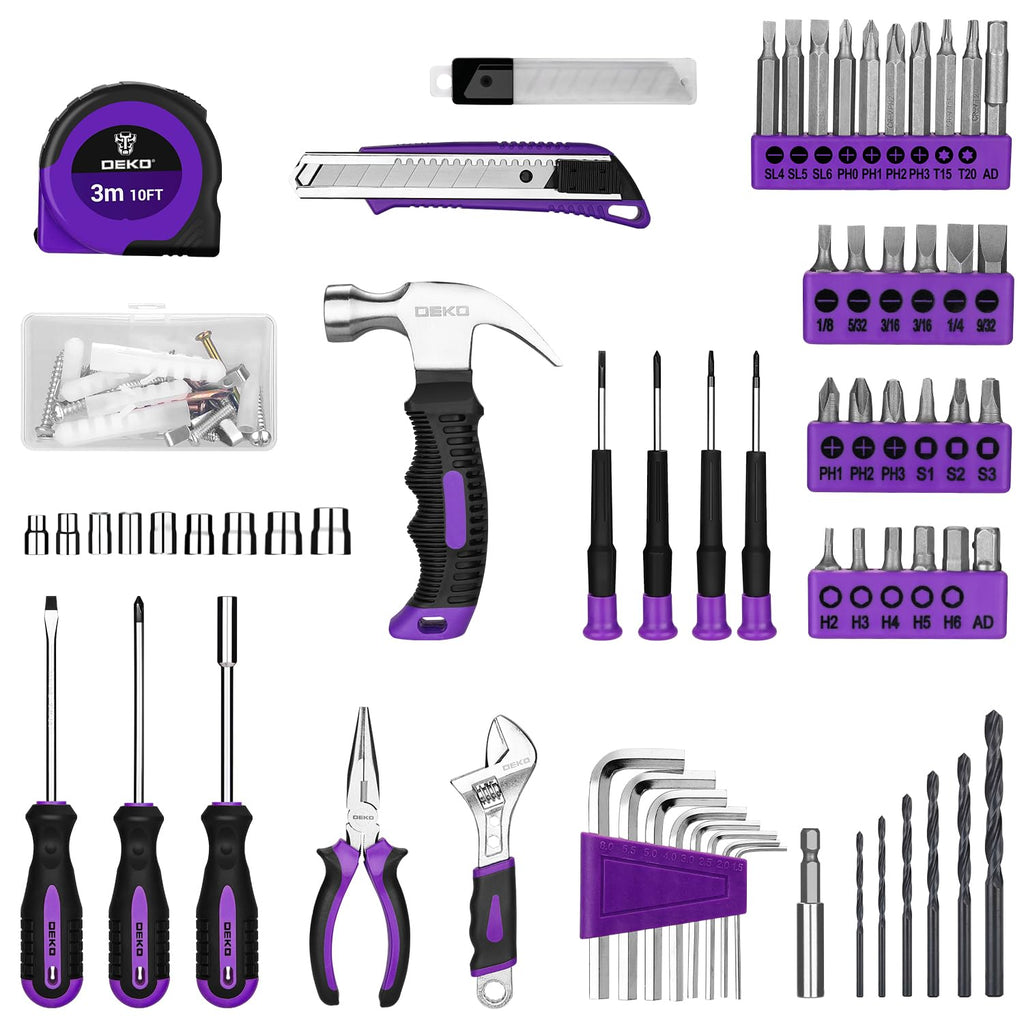 DEKOPRO Drill Set, Home Tool Set with 8V Pink Cordless Drill, Hand Tool Kit for Women, 126 pcs